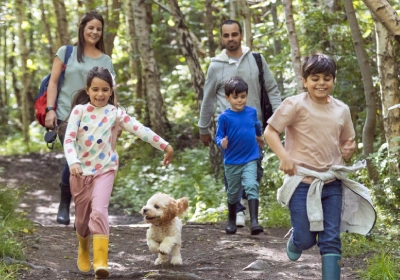 Family walking a dog through a forest